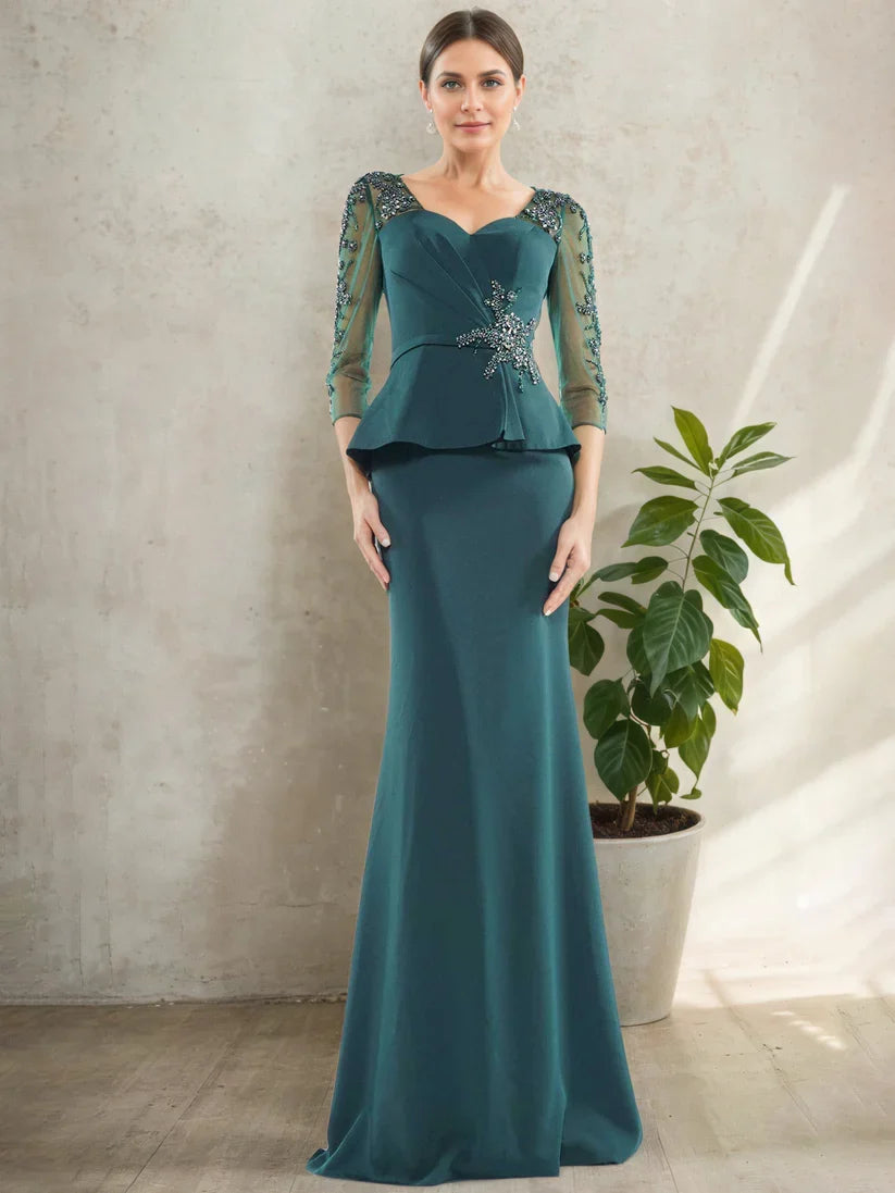 Mermaid Sweetheart 3/4-Sleeve Back Zip Floor-Length Mother Of The Bride Dresses with Appliques