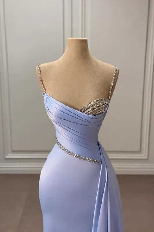 Sky Blue Mermaid Spaghetti Straps Sleeveless Rhinestones Sky Maxi Prom Dress