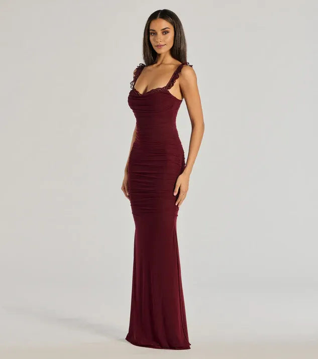Mermaid Sweetheart Neck Sleeveless Ruched Lace-Up Floor-Length Prom Dresses with Trim