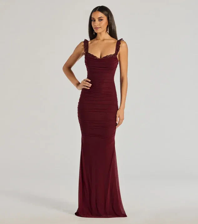 Mermaid Sweetheart Neck Sleeveless Ruched Lace-Up Floor-Length Prom Dresses with Trim