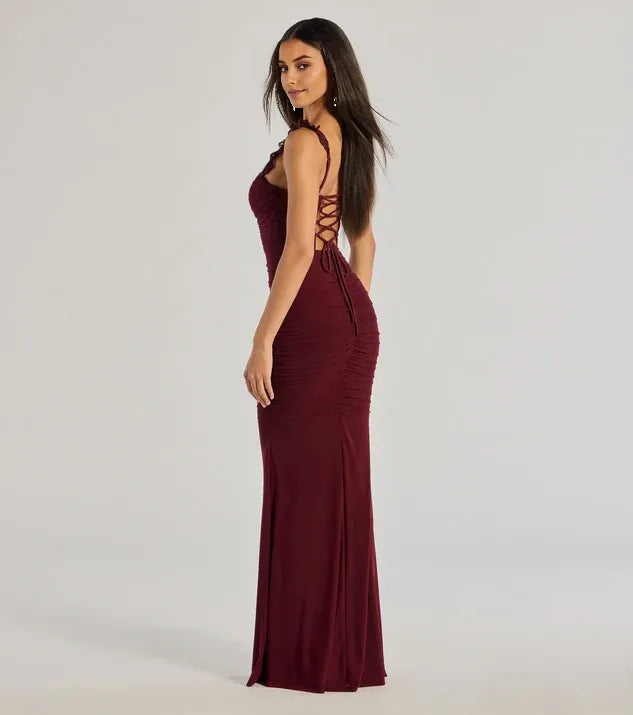 Mermaid Sweetheart Neck Sleeveless Ruched Lace-Up Floor-Length Prom Dresses with Trim