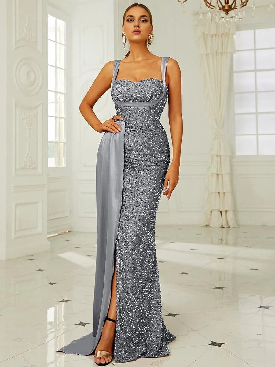 Refined Beautiful Timeless Chic Elegant Silver Satin Mermaid Sweetheart Sleeveless Prom Dress
