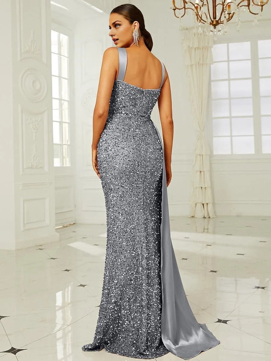 Refined Beautiful Timeless Chic Elegant Silver Satin Mermaid Sweetheart Sleeveless Prom Dress