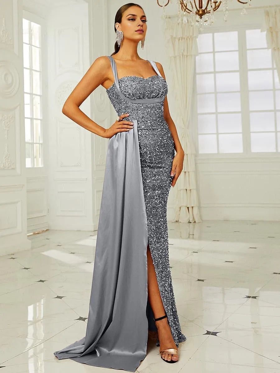 Refined Beautiful Timeless Chic Elegant Silver Satin Mermaid Sweetheart Sleeveless Prom Dress