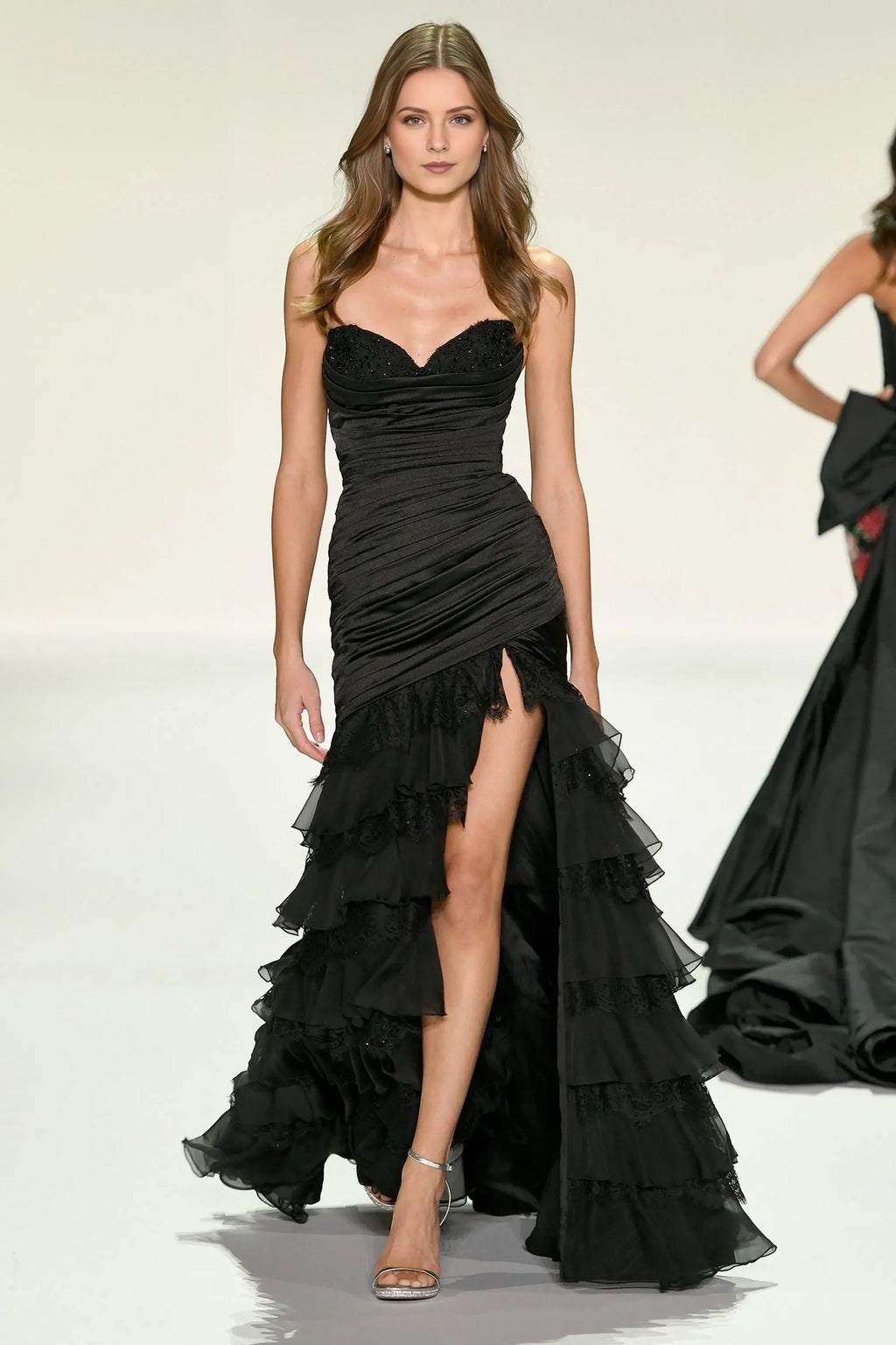 Black Mermaid Sweetheart Neck Strapless Back Zip Floor-Length Ruched Ruffle High Slit Prom Dresses