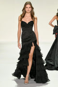 Black Mermaid Sweetheart Neck Strapless Back Zip Floor-Length Ruched Ruffle High Slit Prom Dresses