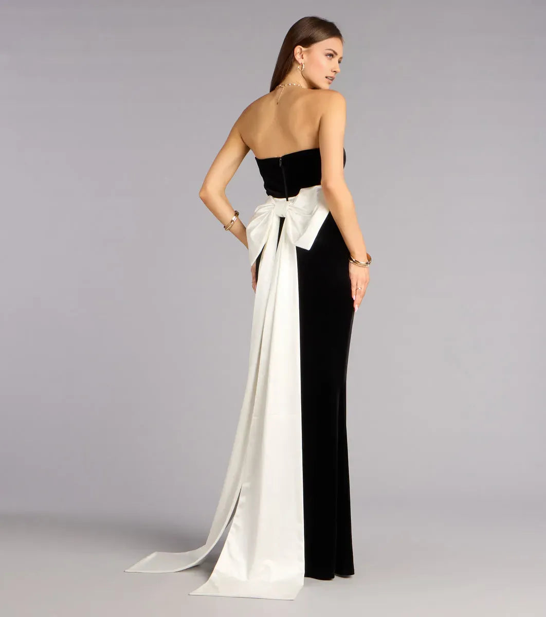 Black Mermaid Sweetheart Neckline Strapless Back Zip Floor-Length White Two-Tone Prom Dresses with Bow Detail
