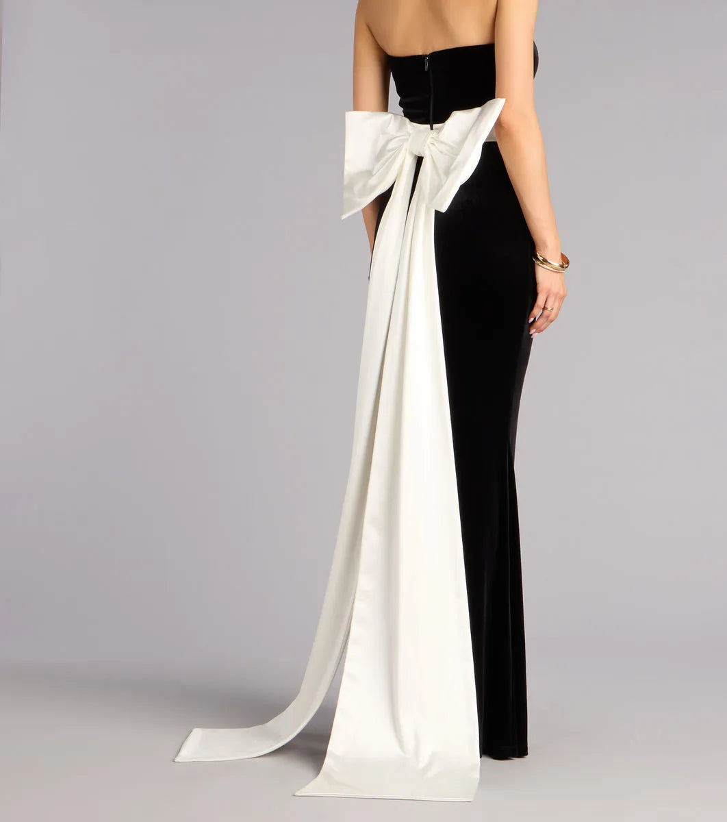 Black Mermaid Sweetheart Neckline Strapless Back Zip Floor-Length White Two-Tone Prom Dresses with Bow Detail