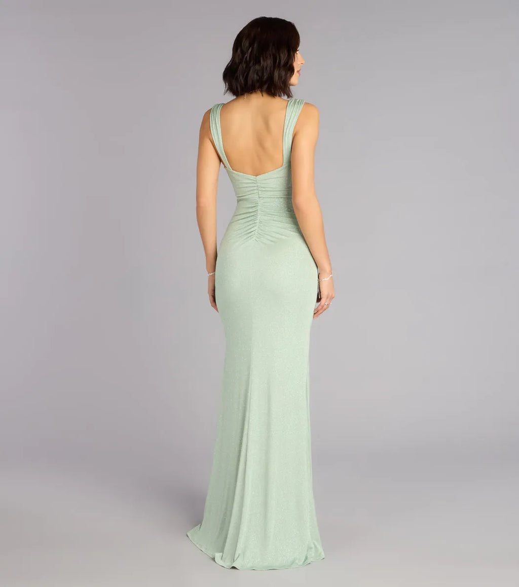 Mermaid Sweetheart Spaghetti Strap Open-Back Floor-Length Glitter Ruched Slit Prom Dress