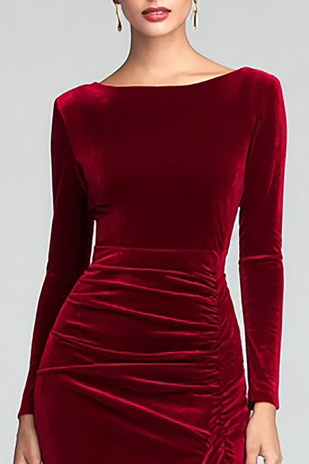 Timeless Special Occasion Elegant Burgundy Velvet Mermaid Long Sleeve Floor-Length Evening Dress