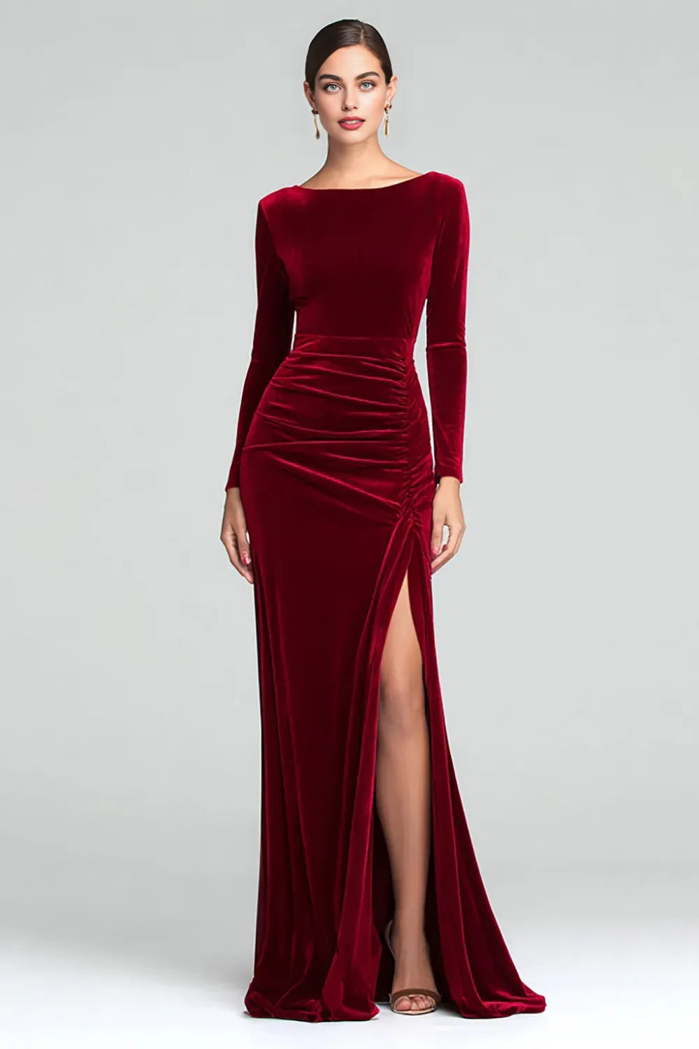 Timeless Special Occasion Elegant Burgundy Velvet Mermaid Long Sleeve Floor-Length Evening Dress