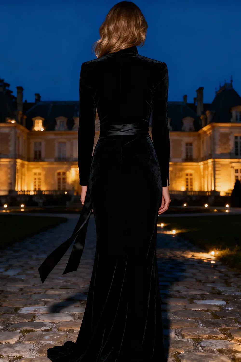 Beautiful Elegant Black Velvet Mermaid High Neck Long Sleeve Long Prom Dress