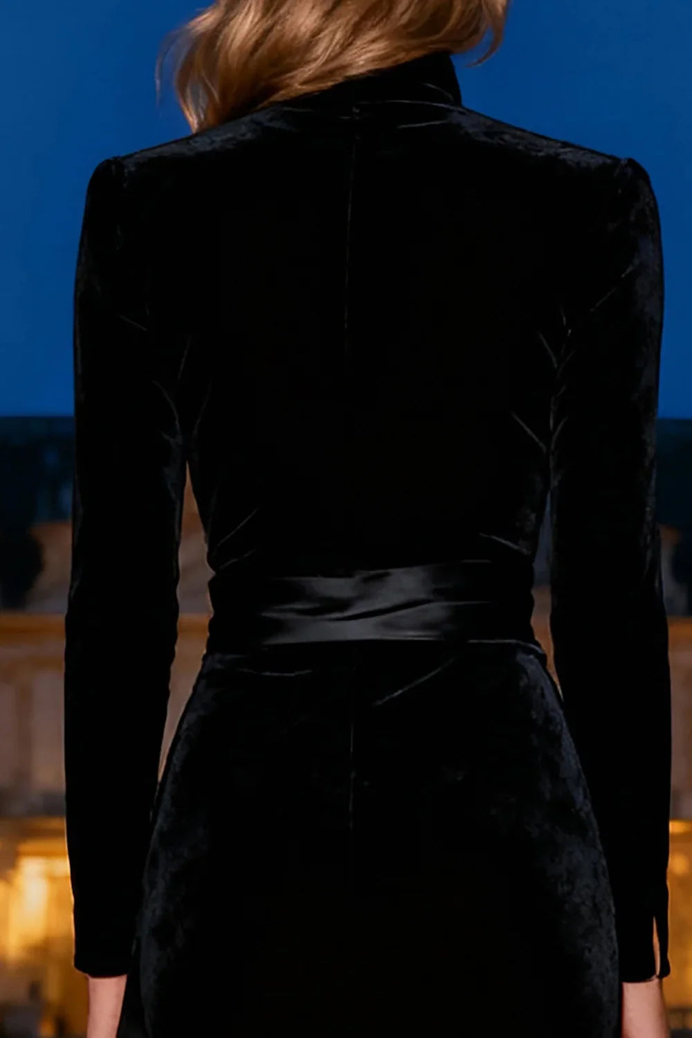 Beautiful Elegant Black Velvet Mermaid High Neck Long Sleeve Long Prom Dress