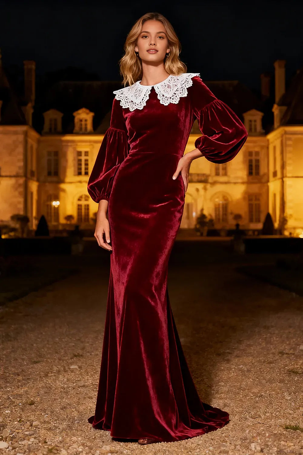 Timeless Elegant Burgundy Velvet Mermaid High Neck Long Sleeve Long Prom Dress