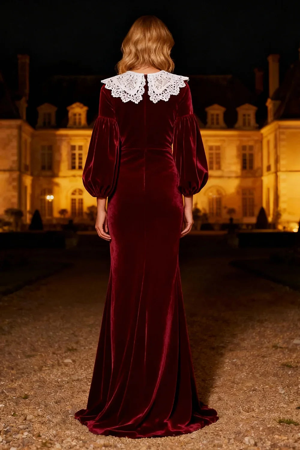 Timeless Elegant Burgundy Velvet Mermaid High Neck Long Sleeve Long Prom Dress
