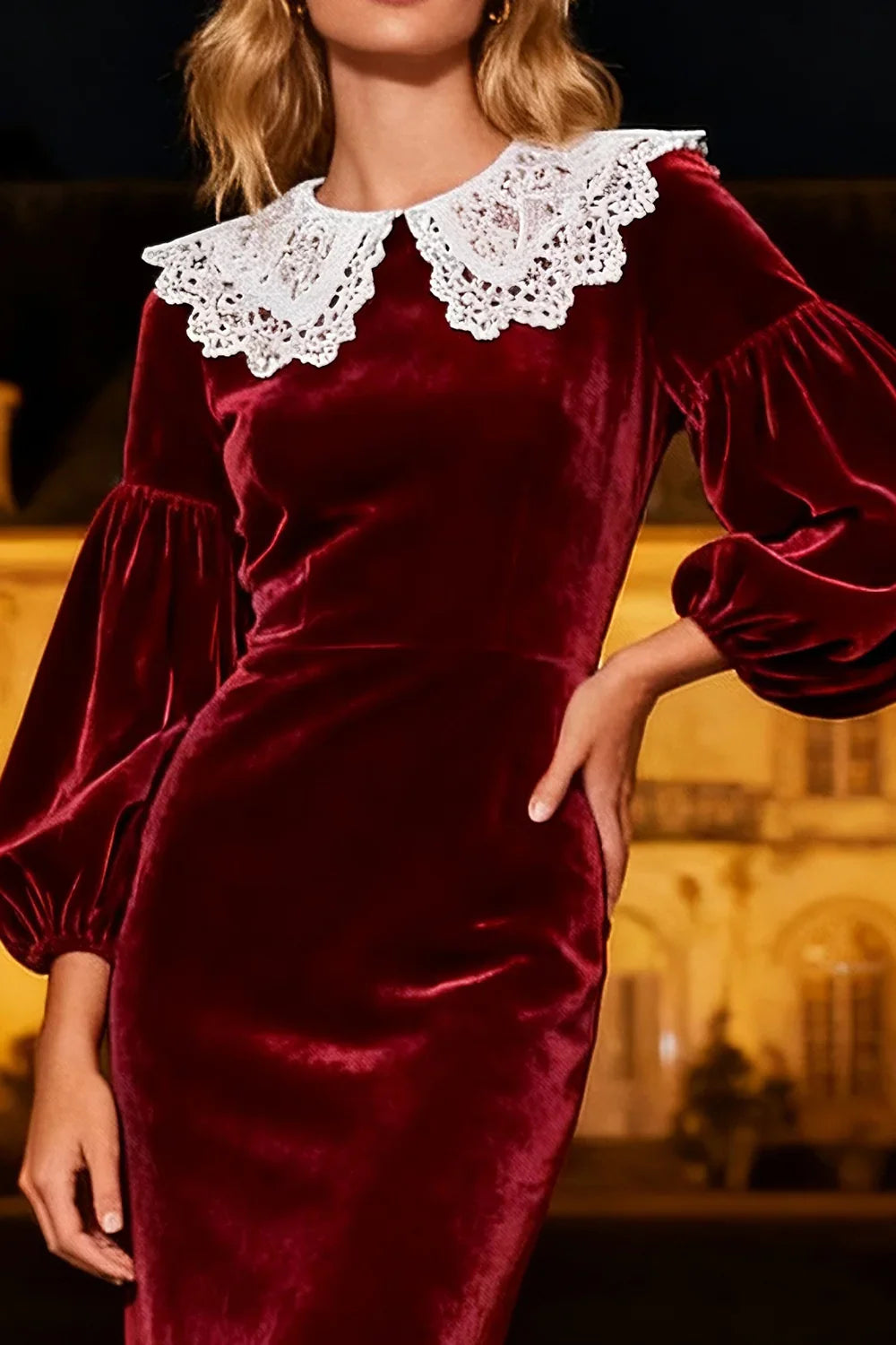 Timeless Elegant Burgundy Velvet Mermaid High Neck Long Sleeve Long Prom Dress
