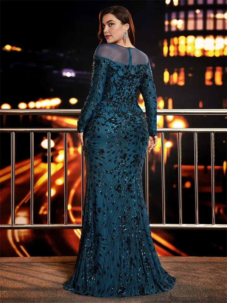 Timeless Elegant Red Sequins Mermaid Scoop Neck Long Sleeve Floor-Length Prom Dress