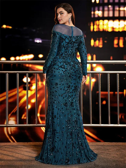 Timeless Elegant Red Sequins Mermaid Scoop Neck Long Sleeve Floor-Length Prom Dress