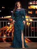 Timeless Elegant Red Sequins Mermaid Scoop Neck Long Sleeve Floor-Length Prom Dress
