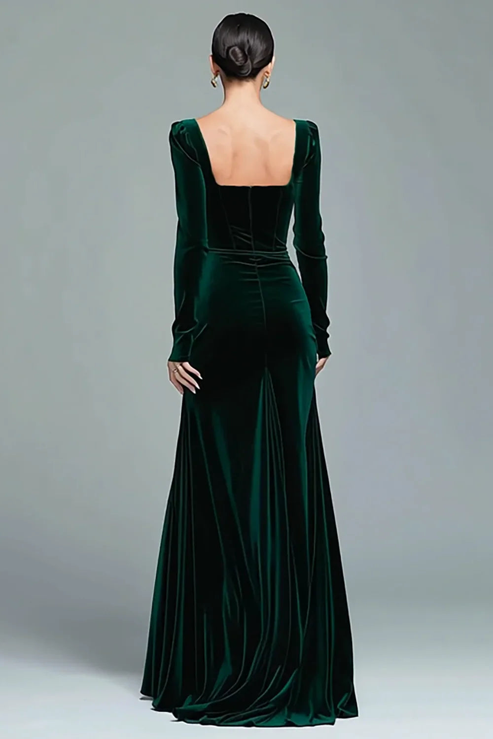 Elegant Emerald Green Velvet Mermaid Square Neck Long Sleeve Floor-Length Evening Dress