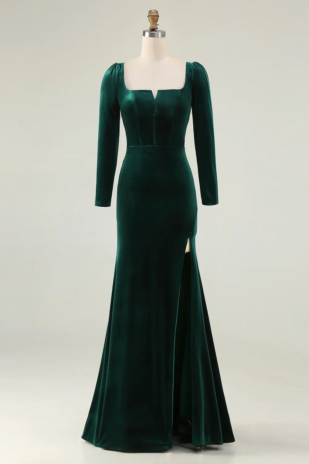 Elegant Emerald Green Velvet Mermaid Square Neck Long Sleeve Floor-Length Evening Dress