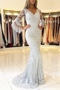 Light Blue Mermaid V-Neck Bell Sleeve Light Maxi Evening Dress