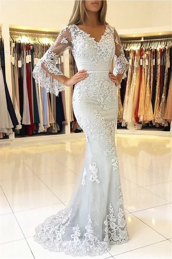 Light Blue Mermaid V-Neck Bell Sleeve Light Maxi Evening Dress