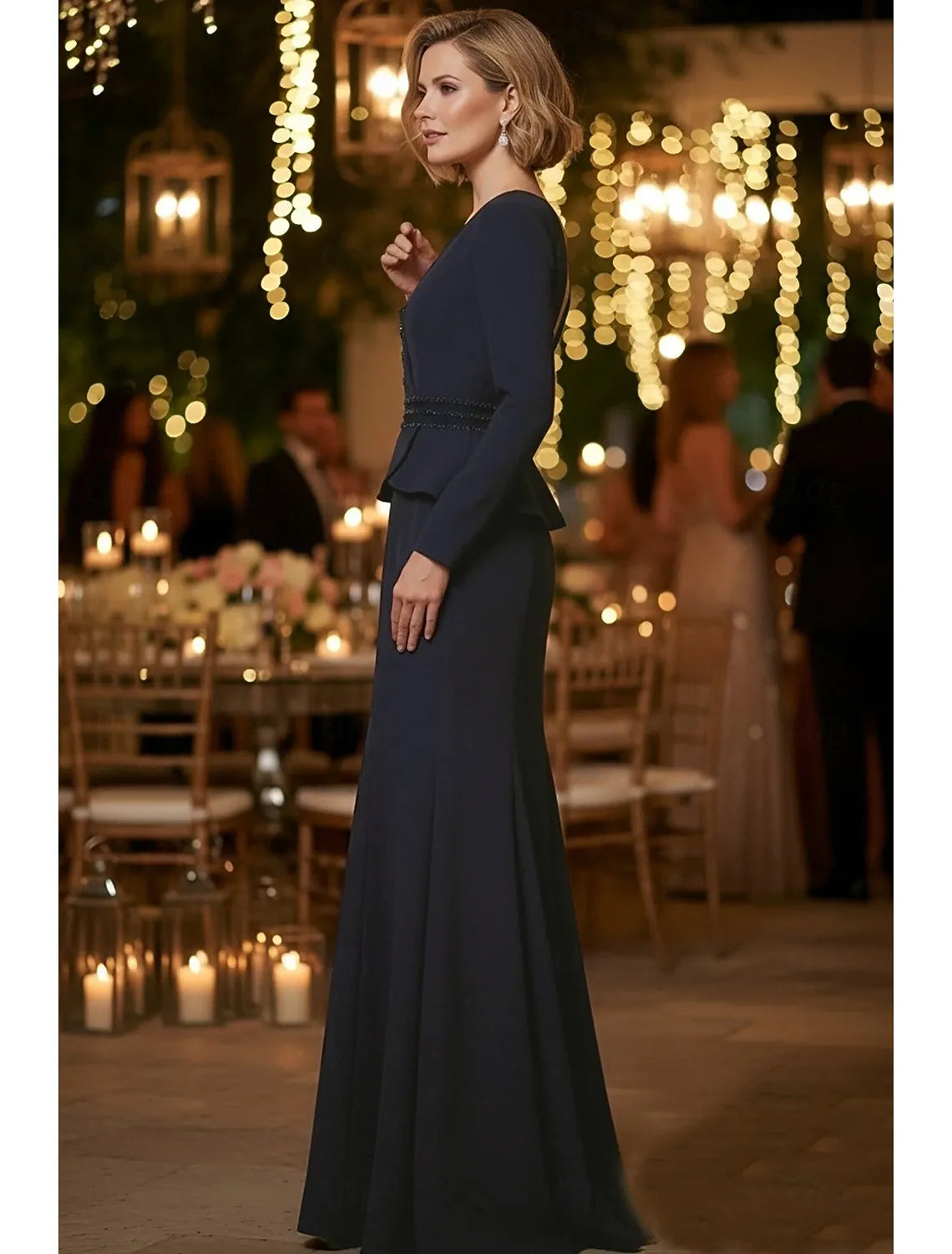 Navy Blue Mermaid V-Neck Long Sleeve Beaded Peplum Evening Dress