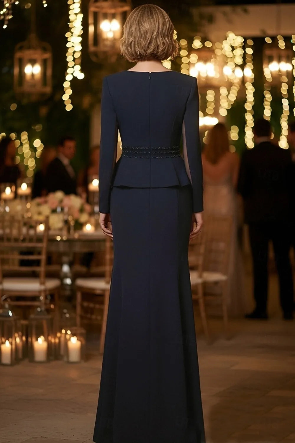 Navy Blue Mermaid V-Neck Long Sleeve Beaded Peplum Evening Dress