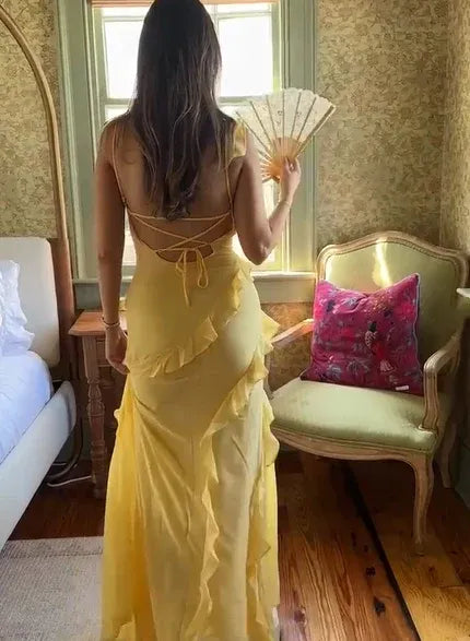 Yellow Mermaid V-Neck Ruffle Backless Long Prom Dress