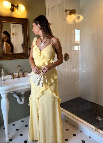 Yellow Mermaid V-Neck Ruffle Backless Long Prom Dress