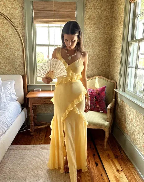 Yellow Mermaid V-Neck Ruffle Backless Long Prom Dress