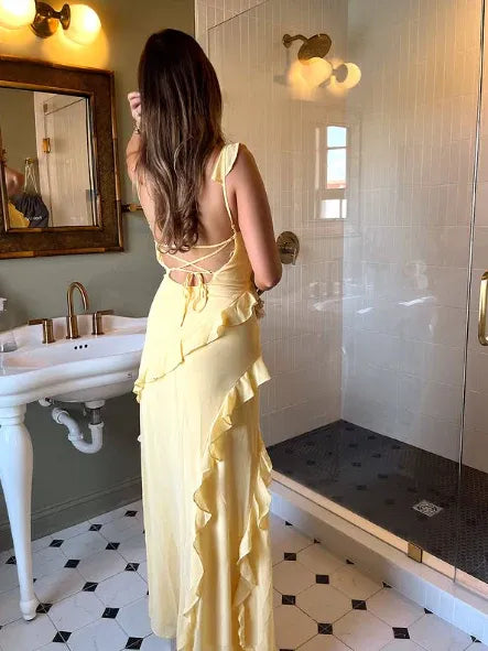 Yellow Mermaid V-Neck Ruffle Backless Long Prom Dress