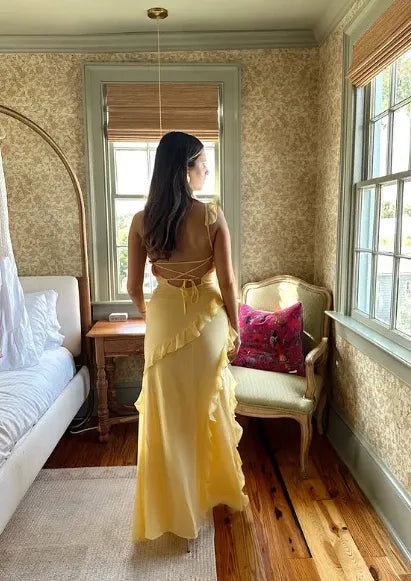 Yellow Mermaid V-Neck Ruffle Backless Long Prom Dress