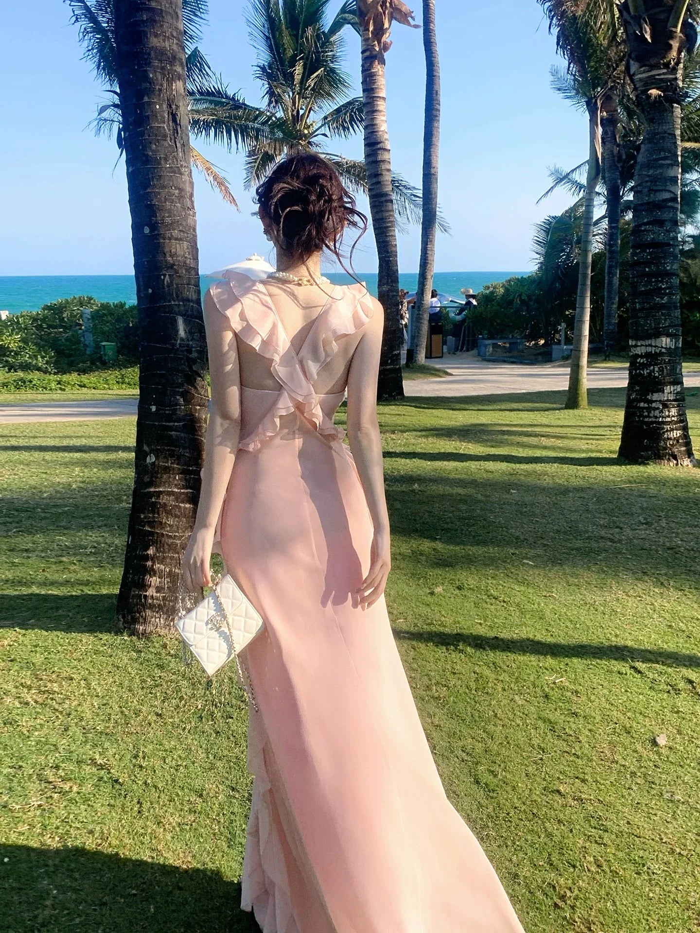 Mermaid V-Neck Ruffled Blush Maxi Prom Dress