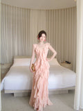 Mermaid V-Neck Ruffled Blush Maxi Prom Dress