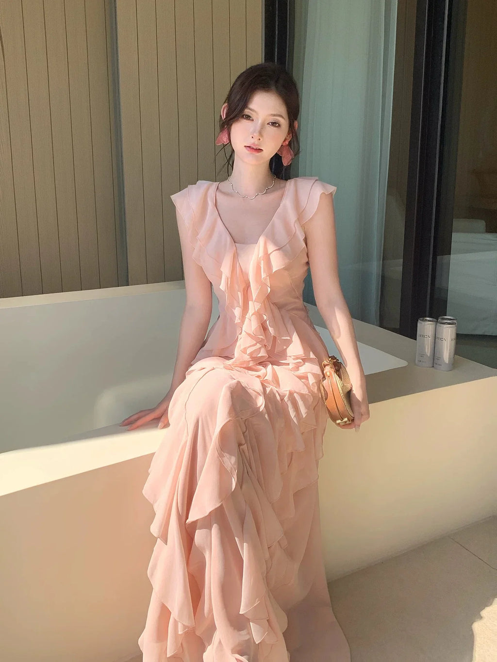 Mermaid V-Neck Ruffled Blush Maxi Prom Dress