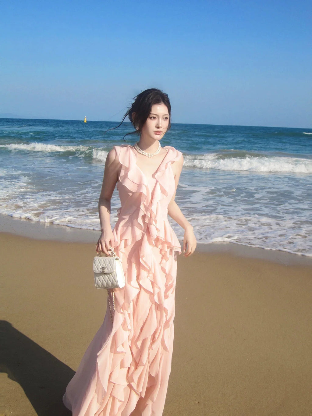 Mermaid V-Neck Ruffled Blush Maxi Prom Dress