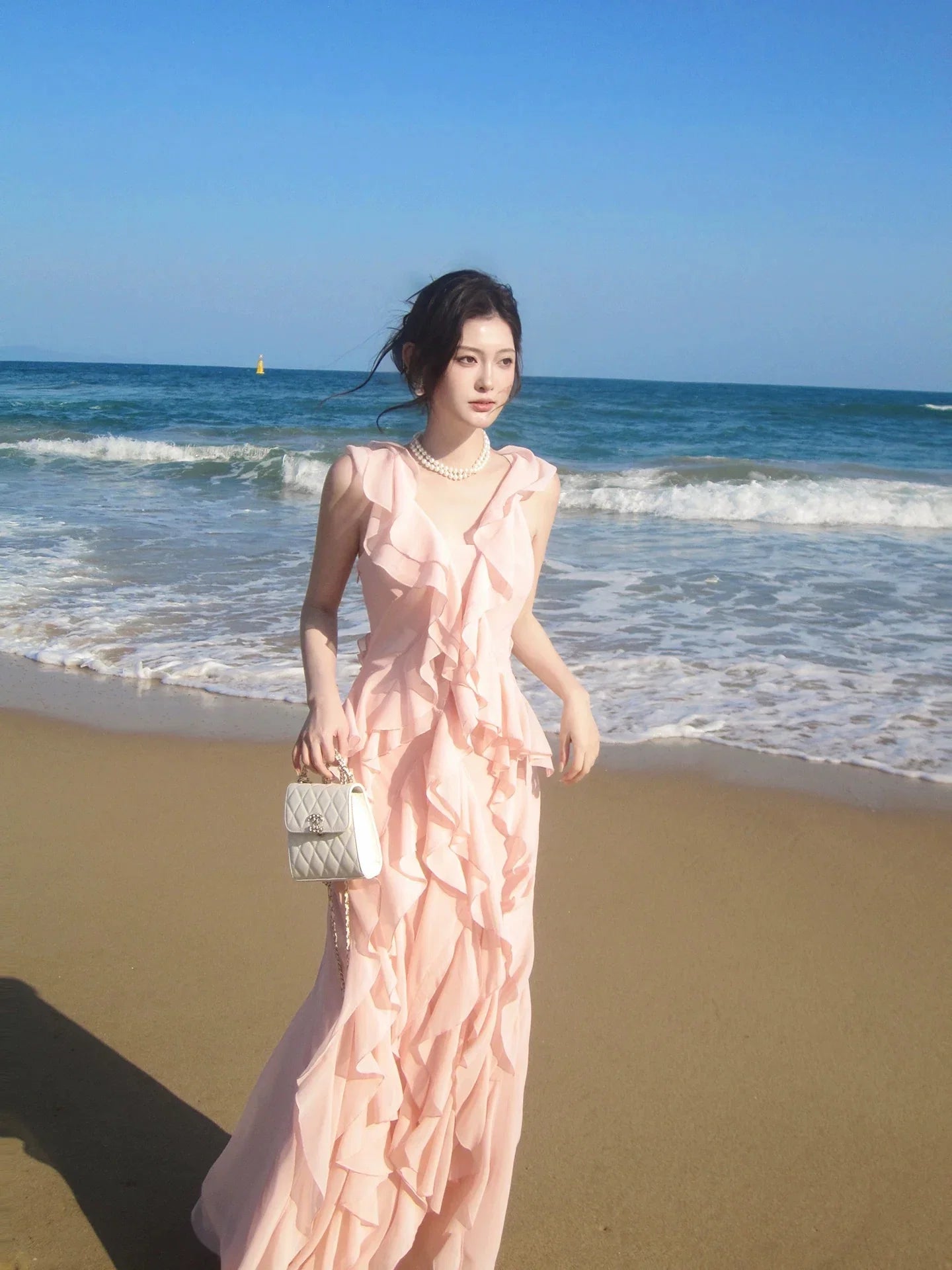 Mermaid V-Neck Ruffled Blush Maxi Prom Dress