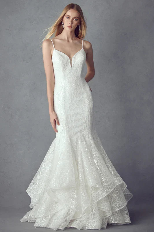 White Mermaid V-Neck Sleeveless Ruffled Long Prom Dresses