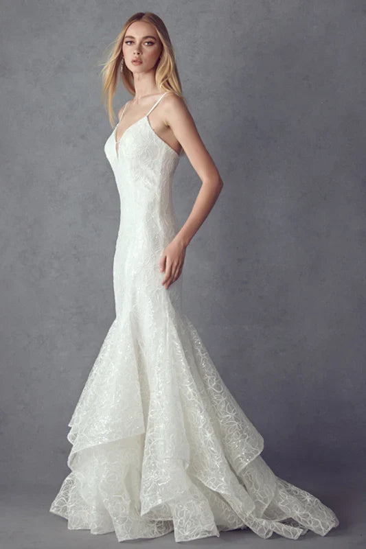 White Mermaid V-Neck Sleeveless Ruffled Long Prom Dresses
