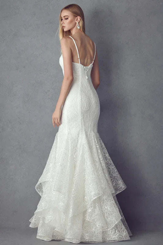 White Mermaid V-Neck Sleeveless Ruffled Long Prom Dresses