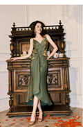 Mermaid V-Neck Sleeveless Twisted Olive Midi Prom Dress