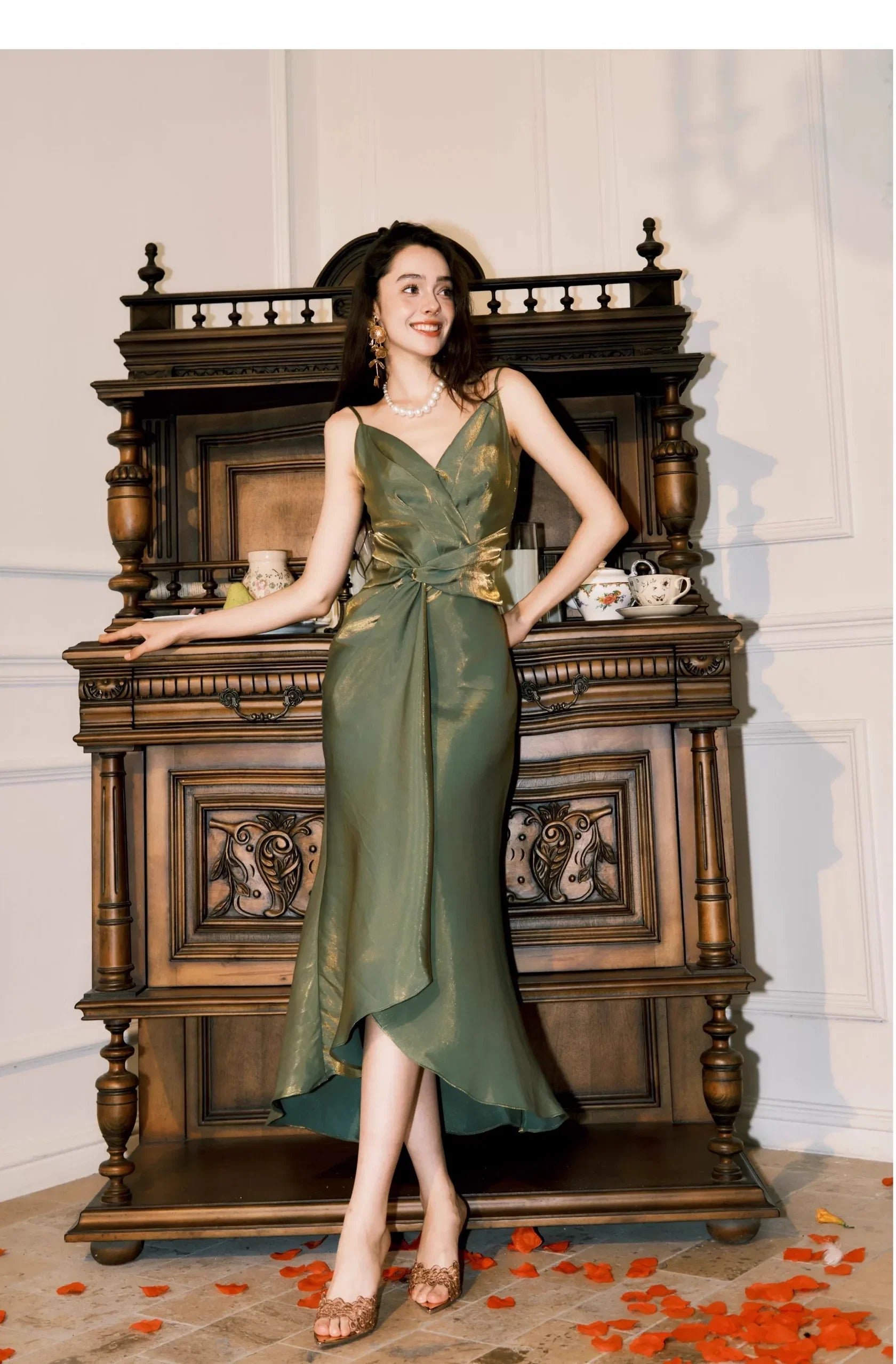 Mermaid V-Neck Sleeveless Twisted Olive Midi Prom Dress