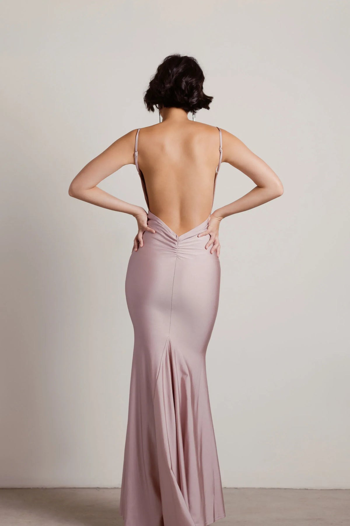 Mermaid V-Neck Spaghetti-Strap Ruched Backless Ankle-Length Prom Dresses