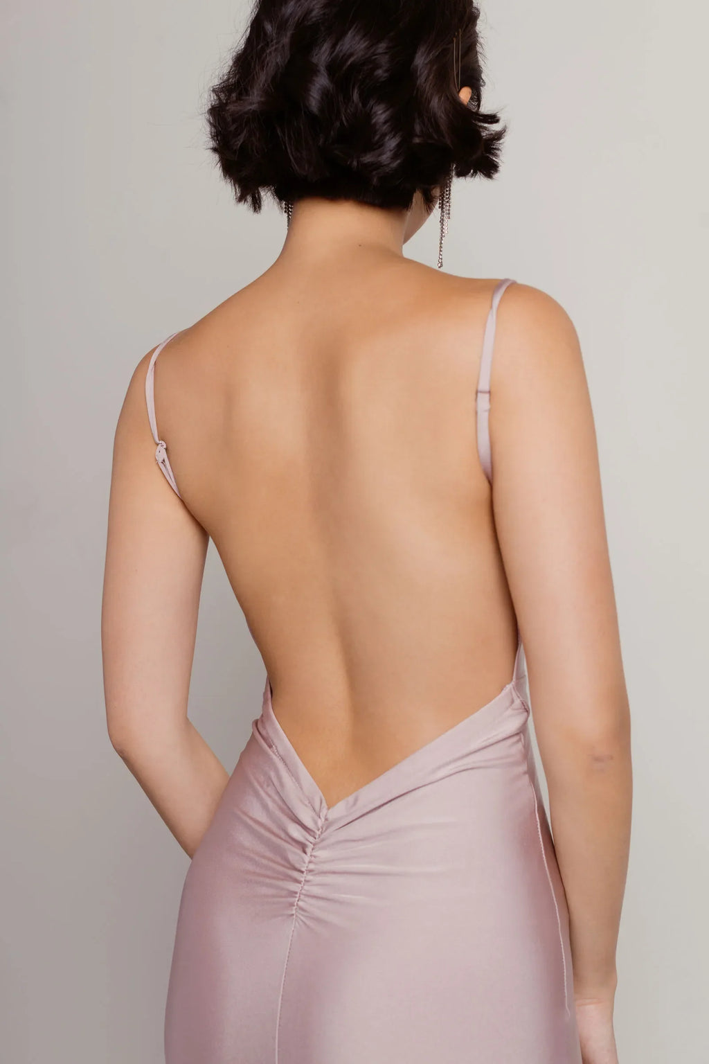 Mermaid V-Neck Spaghetti-Strap Ruched Backless Ankle-Length Prom Dresses