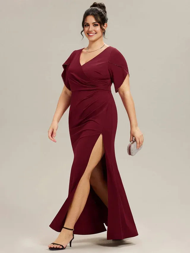 Mermaid V Neck Flutter Sleeve Back Zip Ruched Bodice High Slit Floor-Length Plus-Size Prom Dresses