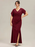 Mermaid V Neck Flutter Sleeve Back Zip Ruched Bodice High Slit Floor-Length Plus-Size Prom Dresses