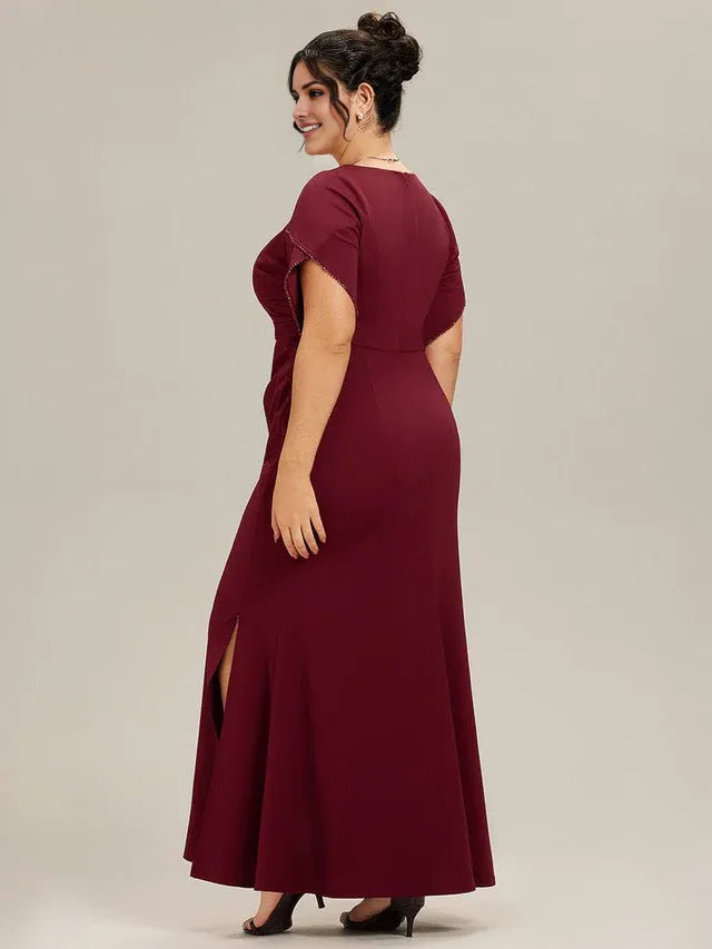 Mermaid V Neck Flutter Sleeve Back Zip Ruched Bodice High Slit Floor-Length Plus-Size Prom Dresses