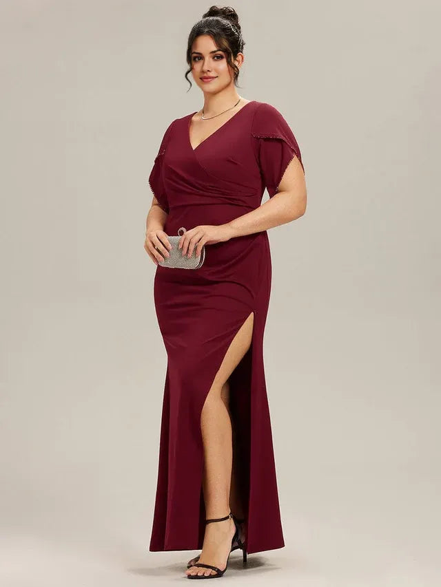 Mermaid V Neck Flutter Sleeve Back Zip Ruched Bodice High Slit Floor-Length Plus-Size Prom Dresses